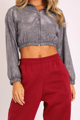 Grey Glitter Zip Front Cropped Jacket - Heidi