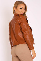 Brown Faux Leather Pocket Detail Zip Front Jacket - Lara