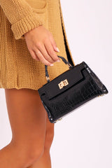 Black Faux Croc Rectangle Gold Clasp Bag - Lani