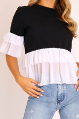 Black White Tulle Ruffle Hem and Sleeve T-shirt - Yazmyn