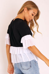 Black White Tulle Ruffle Hem and Sleeve T-shirt - Yazmyn