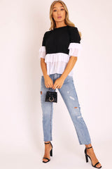 Black White Tulle Ruffle Hem and Sleeve T-shirt - Yazmyn
