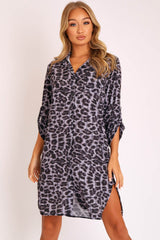 Black Cheetah Print Button Up Sleeve Shirt Dress - Zoey