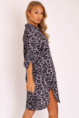 Black Cheetah Print Button Up Sleeve Shirt Dress - Zoey