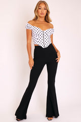 White Black Polka Dot Zip Front Milkmaid Crop Top - Rubie
