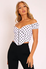 White Black Polka Dot Zip Front Milkmaid Crop Top - Rubie