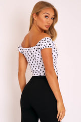 White Black Polka Dot Zip Front Milkmaid Crop Top - Rubie