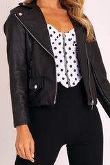 Black Faux Leather Pocket Detail Zip Front Jacket - Lara