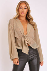 Nude Extreme Plunge Structured Peplum Pleated Top - Ivy