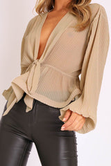 Nude Extreme Plunge Structured Peplum Pleated Top - Ivy