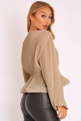 Nude Extreme Plunge Structured Peplum Pleated Top - Ivy