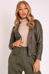 Khaki Faux Leather Pocket Detail Zip Front Jacket - Lara