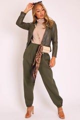 Khaki Faux Leather Pocket Detail Zip Front Jacket - Lara