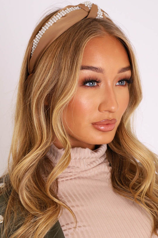 Mocha Pearl Diamante Embellished Knotted Hair Band - Flo