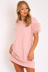 Pink Mesh Ruffle Sleeve T-shirt Dress - Stefi
