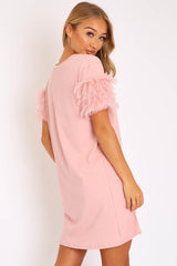 Pink Mesh Ruffle Sleeve T-shirt Dress - Stefi