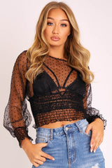 Black Mesh Swiss Dot Ruched Hem Top - Jozi