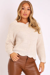 Beige Knitted Scallop Edge Plunge Neckline Jumper - Lylia