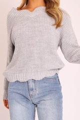 Grey Knitted Scallop Edge Plunge Neckline Jumper - Lylia
