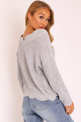 Grey Knitted Scallop Edge Plunge Neckline Jumper - Lylia