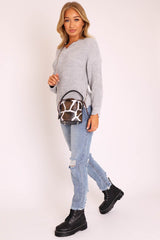 Grey Knitted Scallop Edge Plunge Neckline Jumper - Lylia