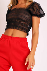 Black Mesh Ruched Puff Sleeve Crop Top - Evy