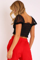 Black Mesh Ruched Puff Sleeve Crop Top - Evy