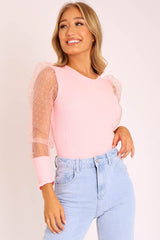 Pink Organza Swiss Dot Sleeve Ribbed Bodysuit - Tamie