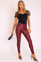 Wine PU Coated Skinny Jeans - Rachell