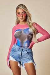 Pink Abstract Body Print Long Sleeve Bodysuit - Elena
