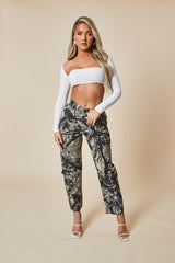 Khaki Camo Print Straight Leg Cargo Trousers - Hikari
