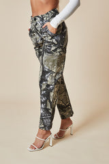 Khaki Camo Print Straight Leg Cargo Trousers - Hikari