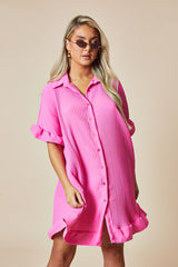 Pink Plisse Detail Frill Hem Oversized Dress - Sakura