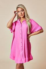Pink Plisse Detail Frill Hem Oversized Dress - Sakura