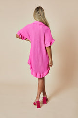 Pink Plisse Detail Frill Hem Oversized Dress - Sakura