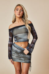 Multi Abstract Print Bardot Cropped Top & Side Ruched Mini skirt Set - Rocio