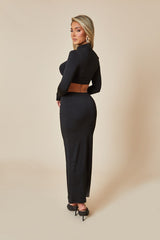 Black High Neck Cropped Top & Ruched Front Maxi Skirt Set - Erena