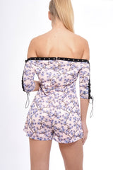 Blush Oriental Print Eyelet Lace Up Playsuit - Suzannah