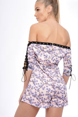 Blush Oriental Print Eyelet Lace Up Playsuit - Suzannah