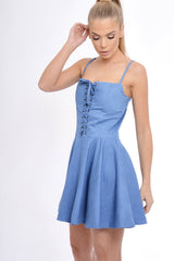 Dark Denim Lace Up Strappy Skater Dress - Xanthe
