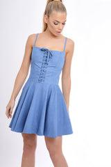 Dark Denim Lace Up Strappy Skater Dress - Xanthe