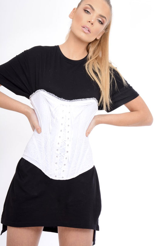 White Floral Lace Ribbon Lace Up Corset - Kiki