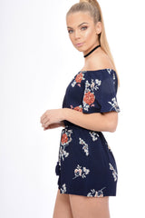 Navy Bardot Floral Tassel Playsuit - Keren
