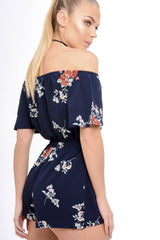 Navy Bardot Floral Tassel Playsuit - Keren