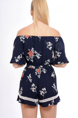 Navy Bardot Floral Playsuit - Estee