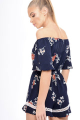 Navy Bardot Floral Playsuit - Estee