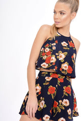 Navy Floral Halterneck Crop Top - Kamisha