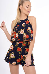 Navy Floral Halterneck Crop Top - Kamisha