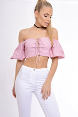 Red Striped Lace Up Bardot Crop Top - Malin