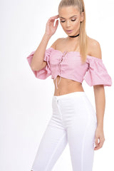 Red Striped Lace Up Bardot Crop Top - Malin